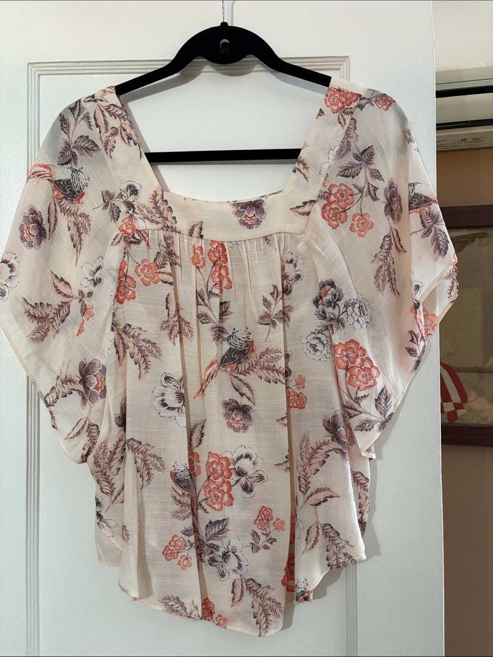 LC Lauren Conrad Cream Floral Pleated Blouse with Coral and Gray Print